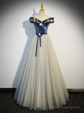 Blue Velvet Off the Shoulder Beading Prom Dress